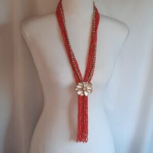 Long Seed Bead Fringe Necklace Floral Accent Red/Gold